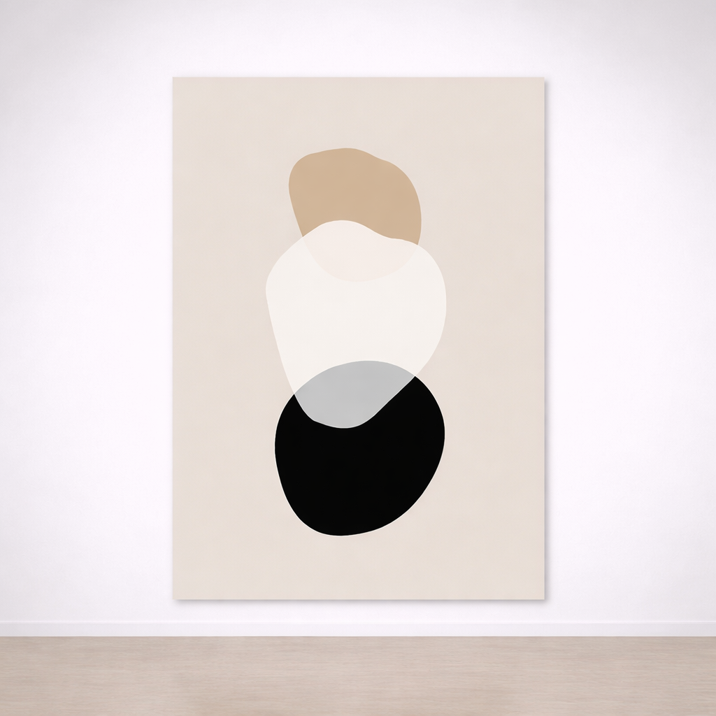 Tableau Abstrait Galets – Tons Neutres Beige, Blanc & Noir