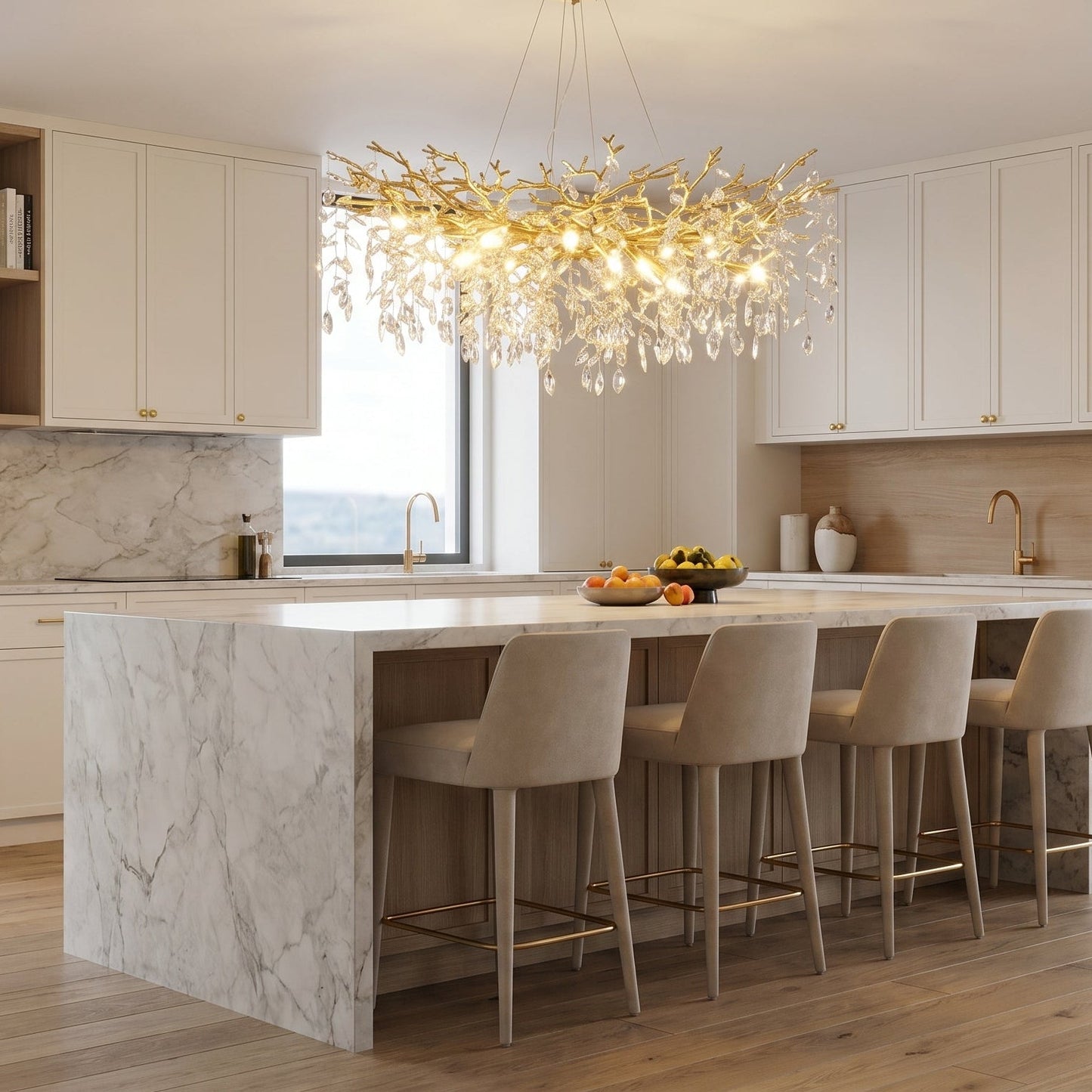 Gold Branch Crystal Chandelier - Sculptural Tree Pendant