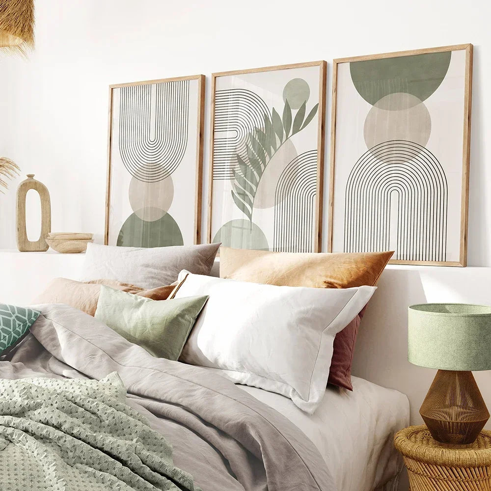Tableau Arche Graphique Vert Sauge et Beige – Minimalisme Doux et Moderne