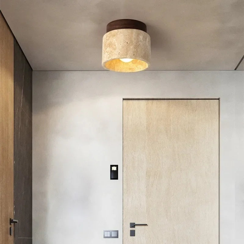 Plafonnier Cylindrique Moderne en Bois et Travertin - Travélis