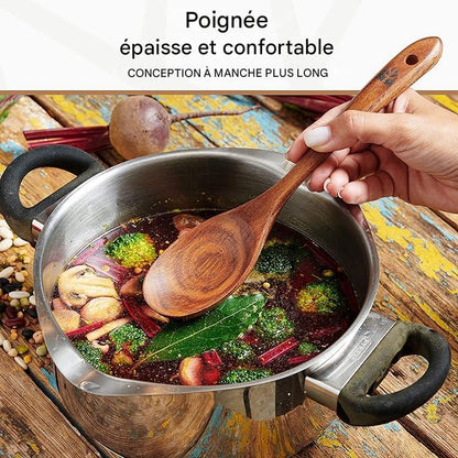 Cuillères en bois pour la cuisine – Lot de 10 ustensiles en bois de teck, durables, antiadhésifs