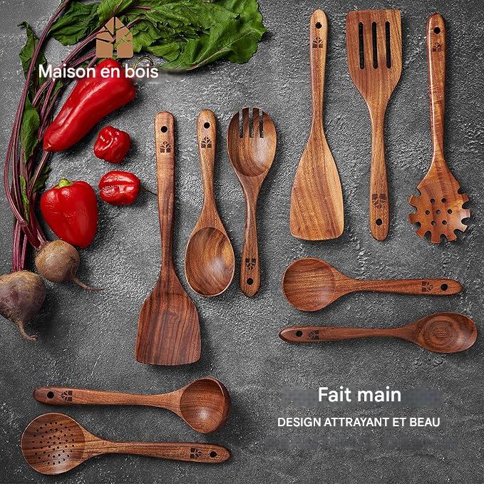 Cuillères en bois pour la cuisine – Lot de 10 ustensiles en bois de teck, durables, antiadhésifs