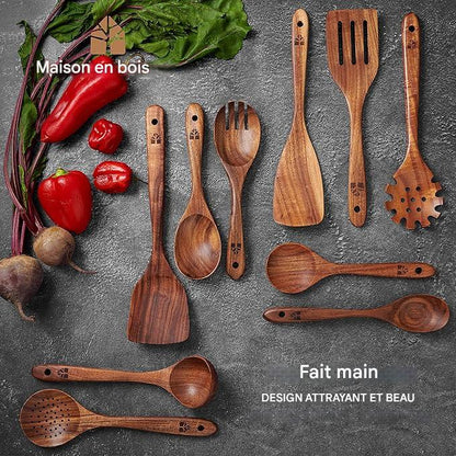 Cuillères en bois pour la cuisine – Lot de 10 ustensiles en bois de teck, durables, antiadhésifs