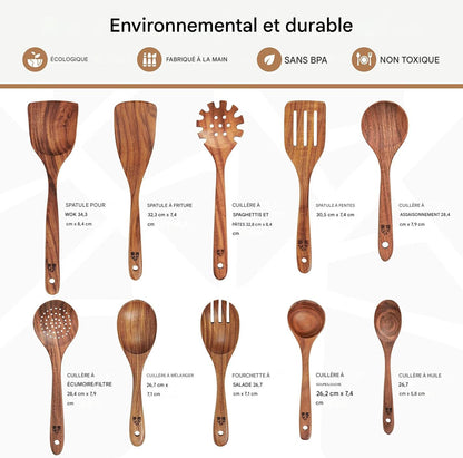 Cuillères en bois pour la cuisine – Lot de 10 ustensiles en bois de teck, durables, antiadhésifs