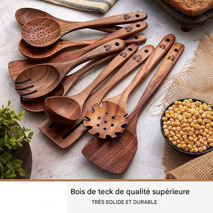Cuillères en bois pour la cuisine – Lot de 10 ustensiles en bois de teck, durables, antiadhésifs