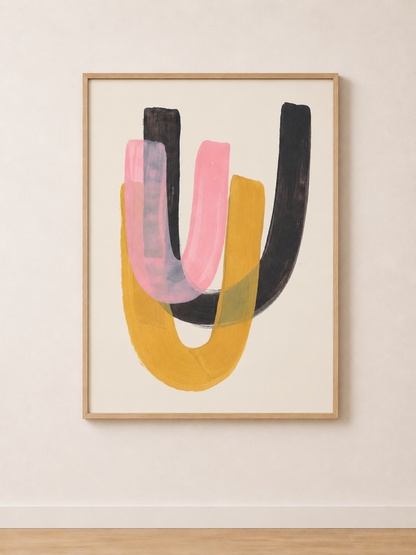 Tableau Abstrait Noir, Rose et Jaune – Contraste Doux et Énergie Moderne