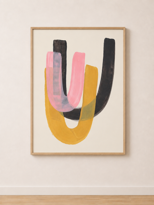 Tableau Abstrait Noir, Rose et Jaune – Contraste Doux et Énergie Moderne