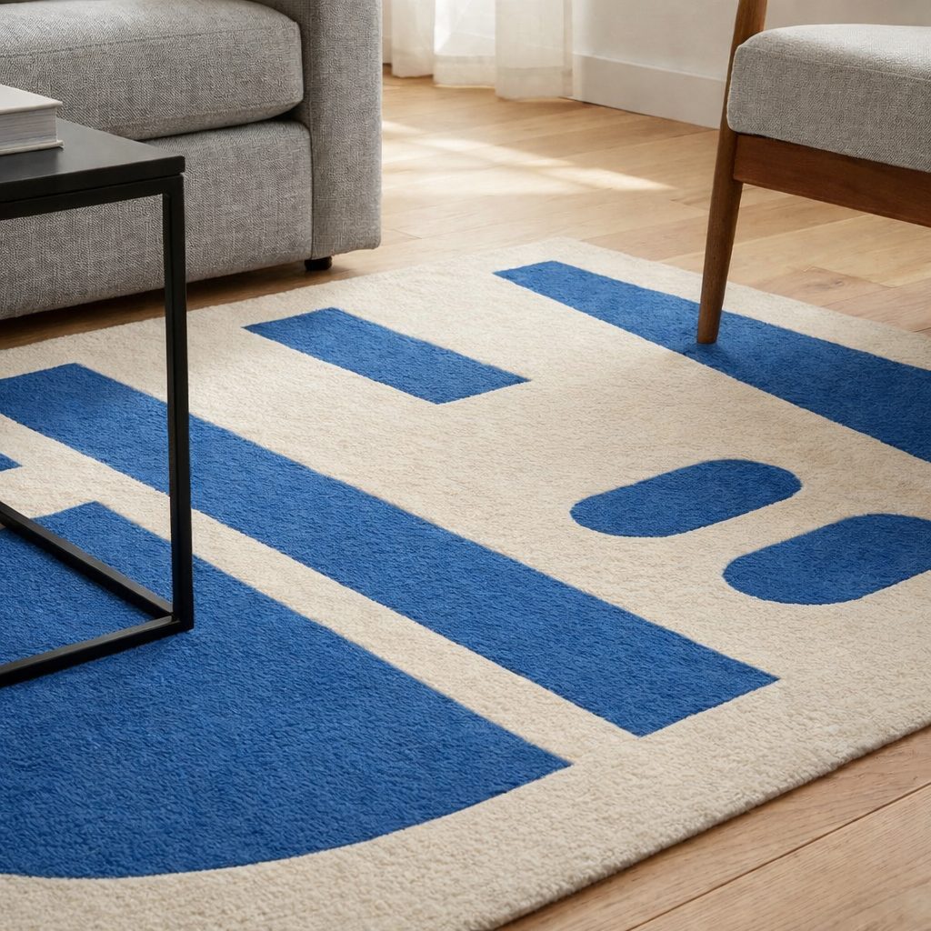 Tapis géométrique bleu et écru – Aelio