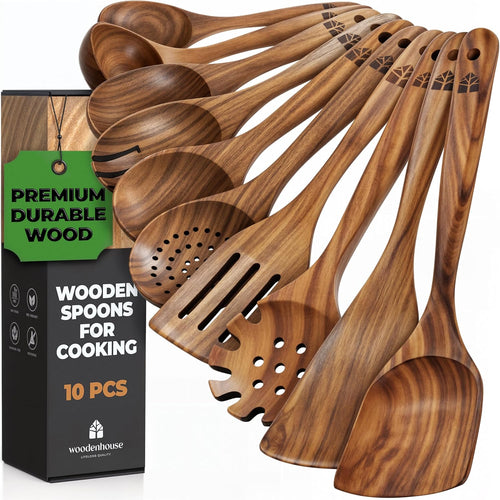 Cuillères en bois pour la cuisine – Lot de 10 ustensiles en bois de teck, durables, antiadhésifs