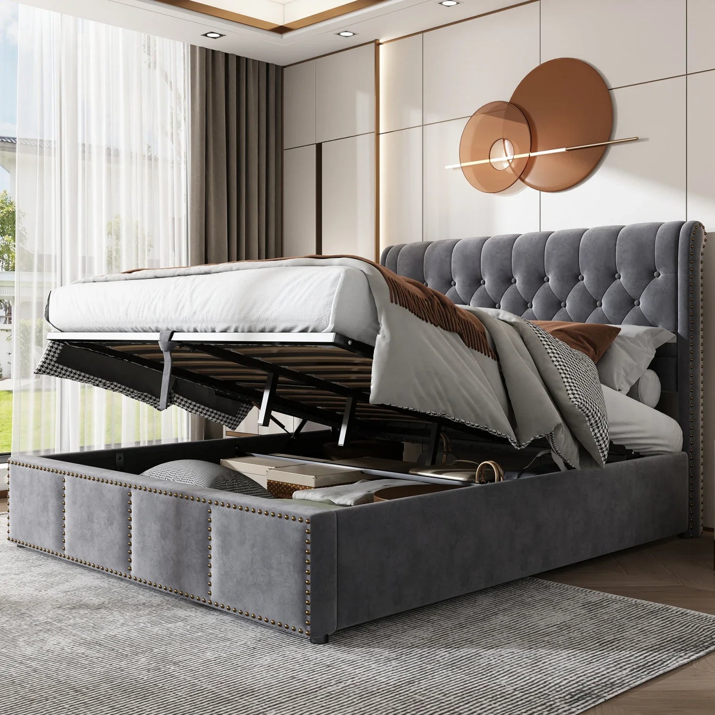 Lit 160x200cm adulte en velour gris - Veloria