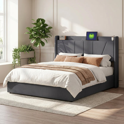 Lit 160x200 cm adulte gris en tissu avec tête de lit rangement et ports USB - Grisélia