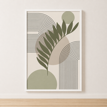 Tableau Feuillage Sauge et Lignes Graphiques – Élégance Naturelle et Contemporaine