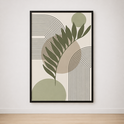 Tableau Feuillage Sauge et Lignes Graphiques – Élégance Naturelle et Contemporaine