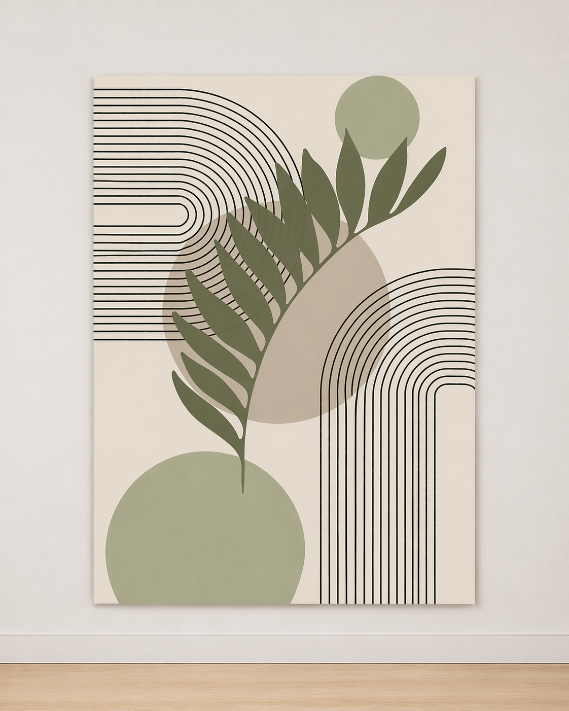 Tableau Feuillage Sauge et Lignes Graphiques – Élégance Naturelle et Contemporaine