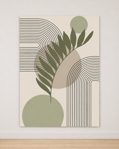 Tableau Feuillage Sauge et Lignes Graphiques – Élégance Naturelle et Contemporaine