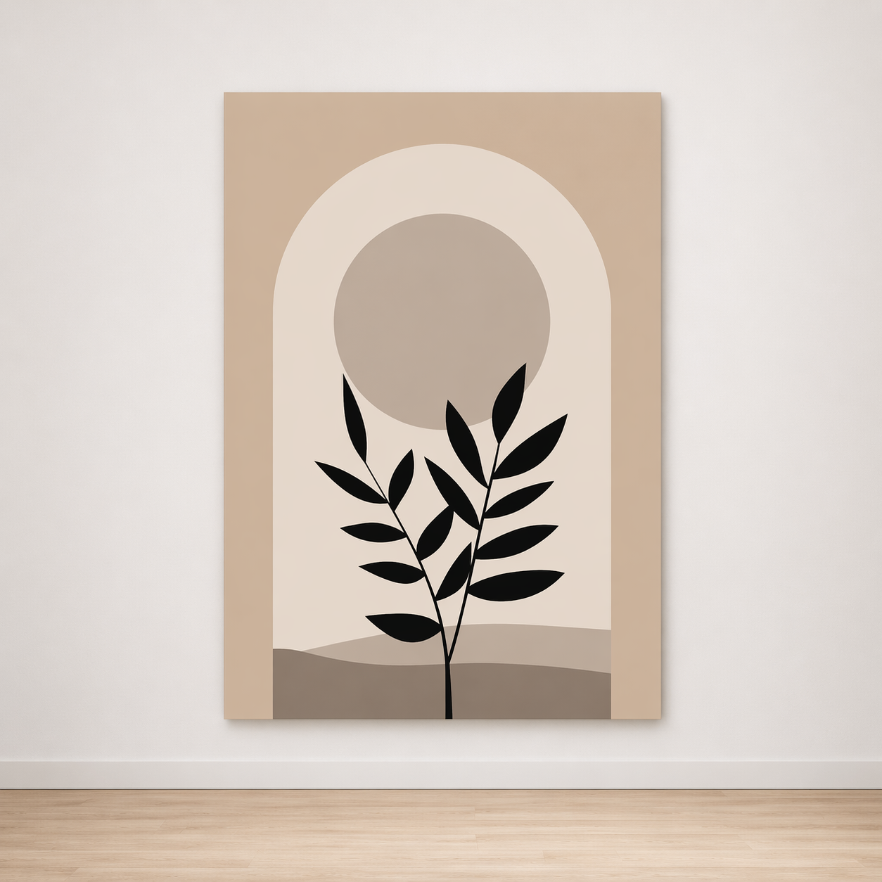Tableau Feuillage Noir et Arche Beige – Harmonie Naturelle et Minimaliste