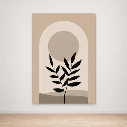 Tableau Feuillage Noir et Arche Beige – Harmonie Naturelle et Minimaliste