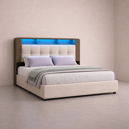 Lit 140x200cm adulte beige avec tête de lit LED et rangement – Azurélia