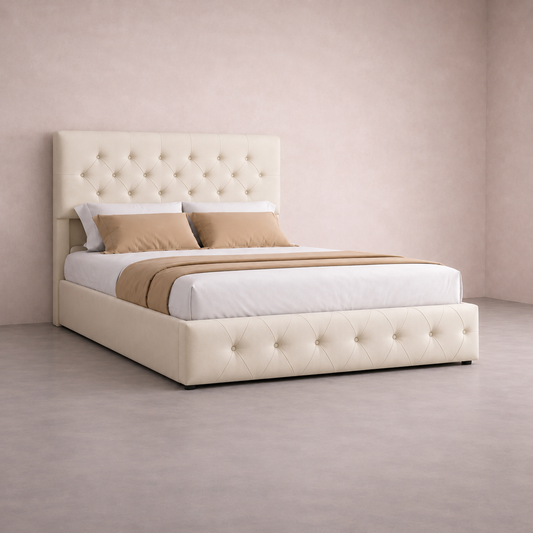 Lit 140x200cm adulte capitonné beige – Ivorélia