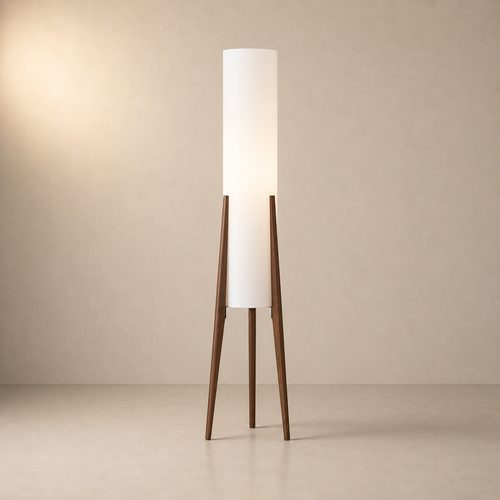 Lampadaire trépied en bois noyer avec abat-jour cylindrique blanc – Nuviro