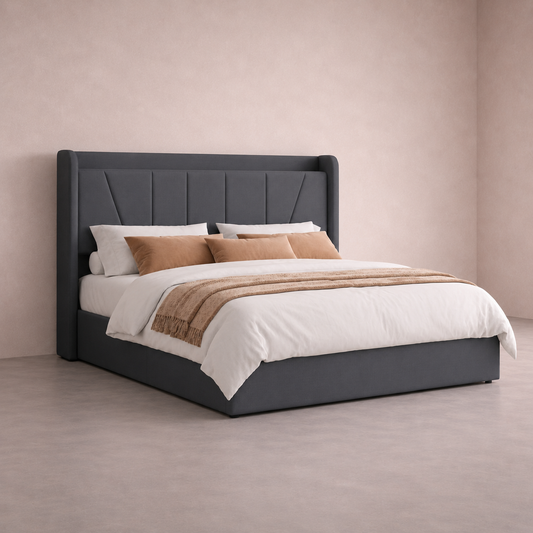 Lit adulte 160x200 cm gris en tissu avec tête de lit de rangement et ports USB - Grisélia