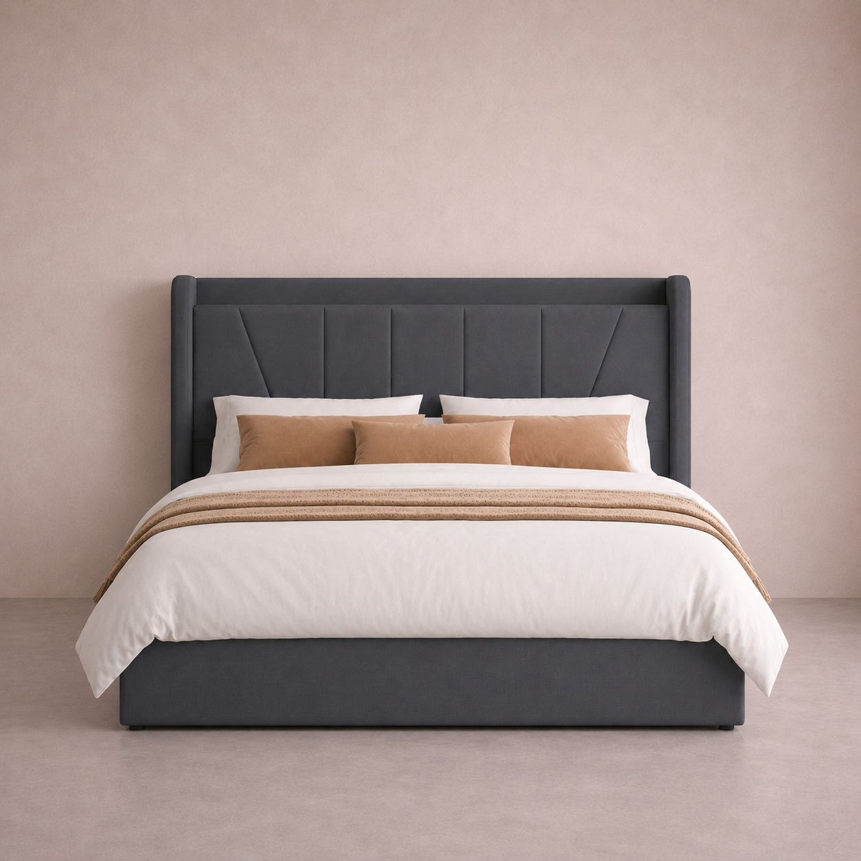 Lit 160x200 cm adulte gris en tissu avec tête de lit rangement et ports USB - Grisélia