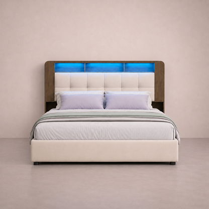Lit 140x200cm adulte beige avec tête de lit LED et rangement – Azurélia