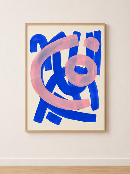 Tableau Abstrait Bleu et Rose – Contraste Graphique et Équilibre Moderne