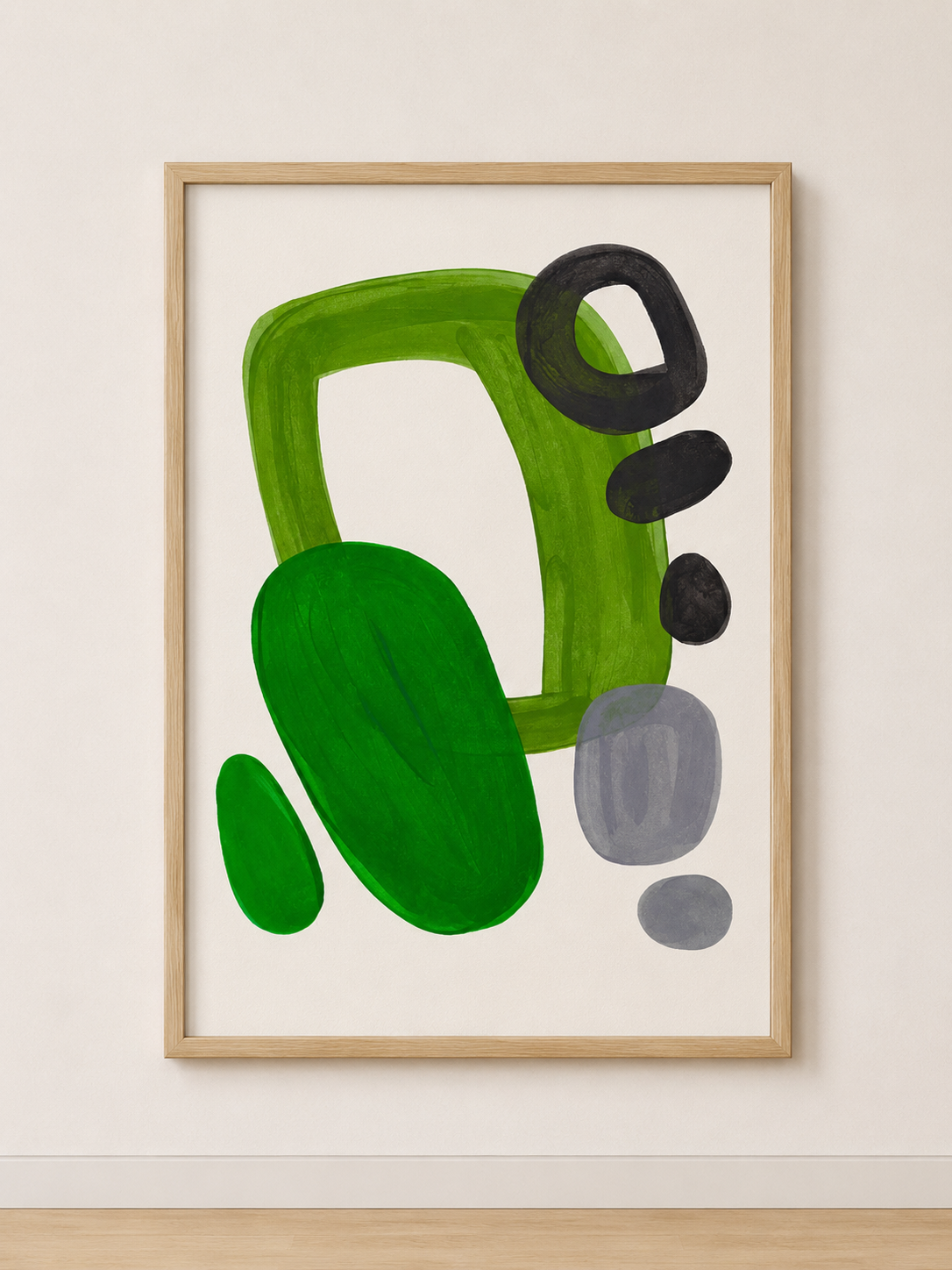 Tableau Abstrait Vert et Noir – Composition Organique et Équilibre Contemporain