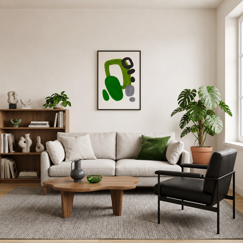Tableau Abstrait Vert et Noir – Composition Organique et Équilibre Contemporain