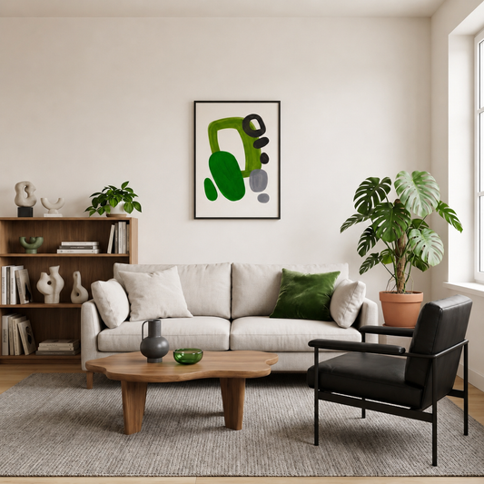 Tableau Abstrait Vert et Noir – Composition Organique et Équilibre Contemporain