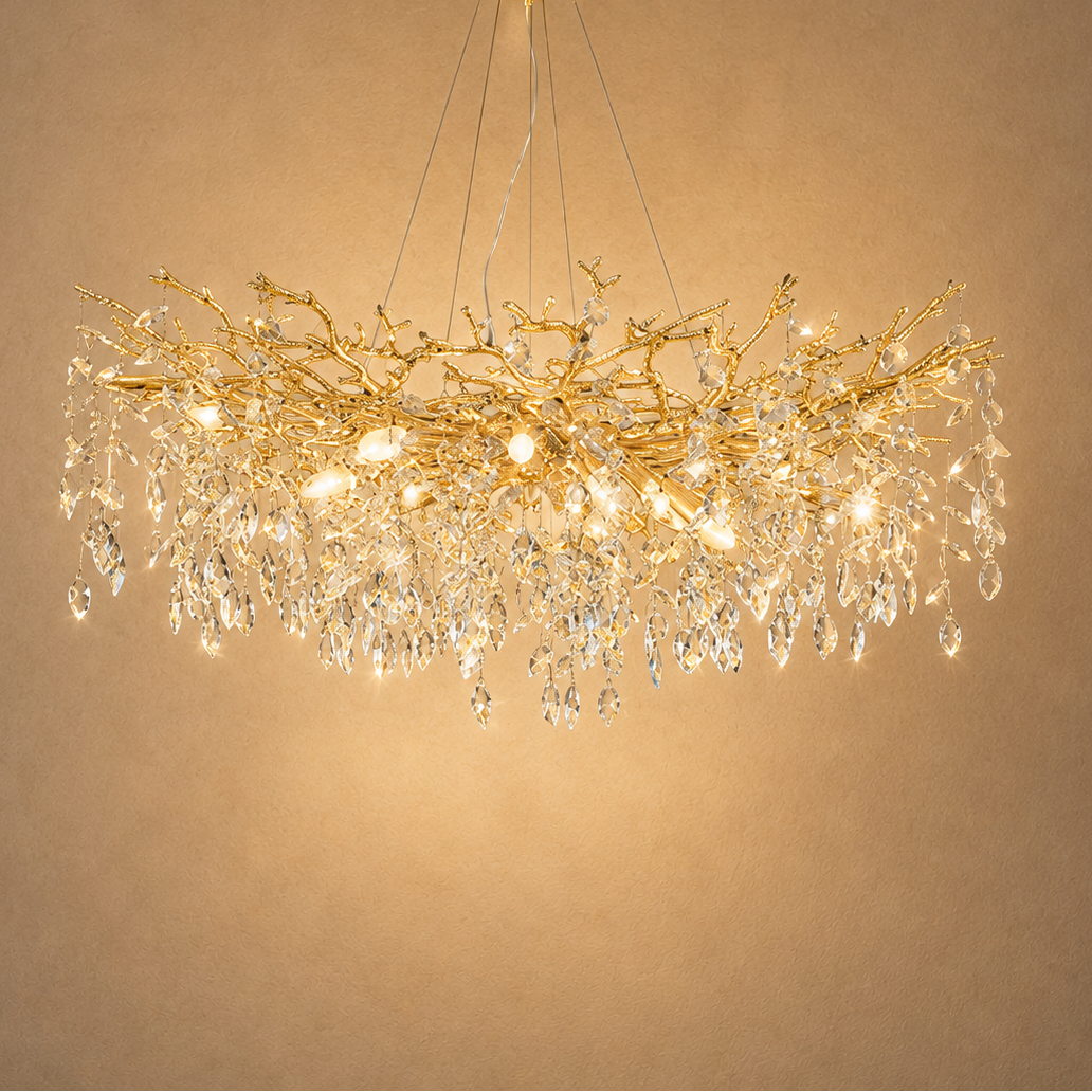 Gold Branch Crystal Chandelier - Sculptural Tree Pendant