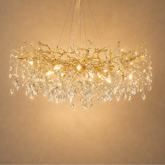 Lustre en cristal de branche dorée - Suspension arbre sculptural