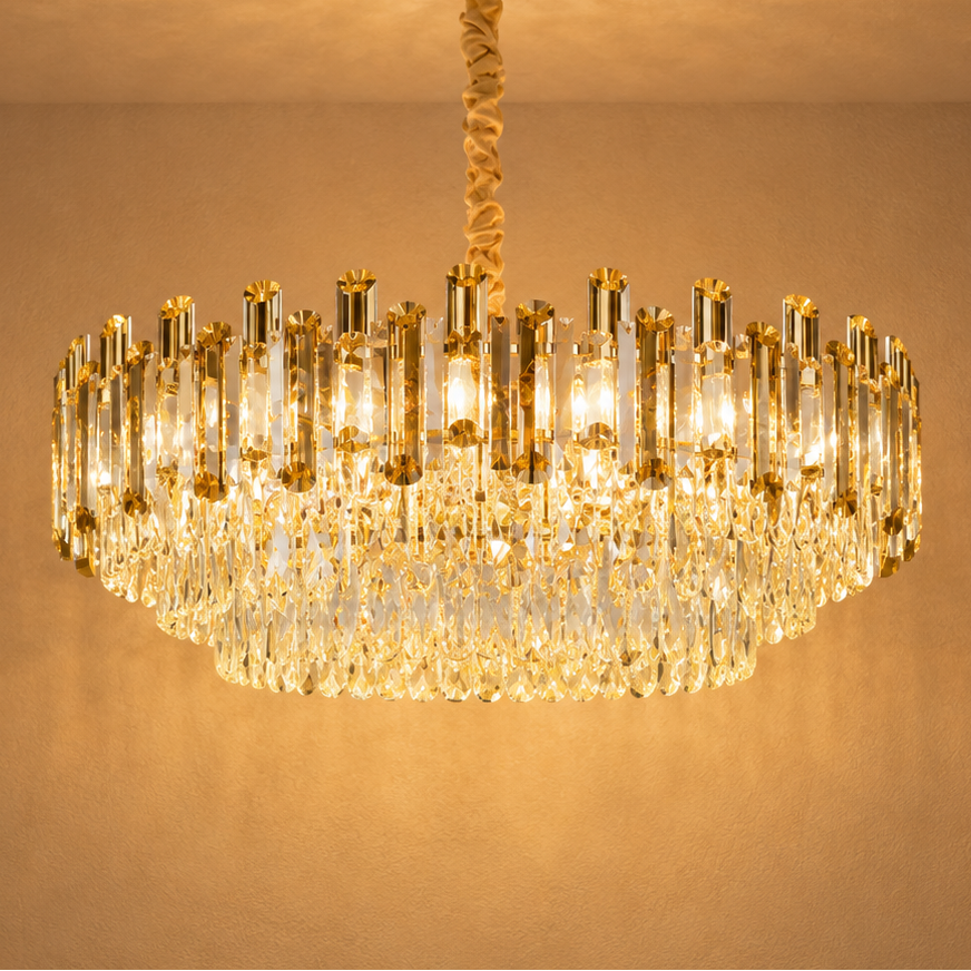Round Crystal Chandelier Gold - Elegant Flush Mount Light