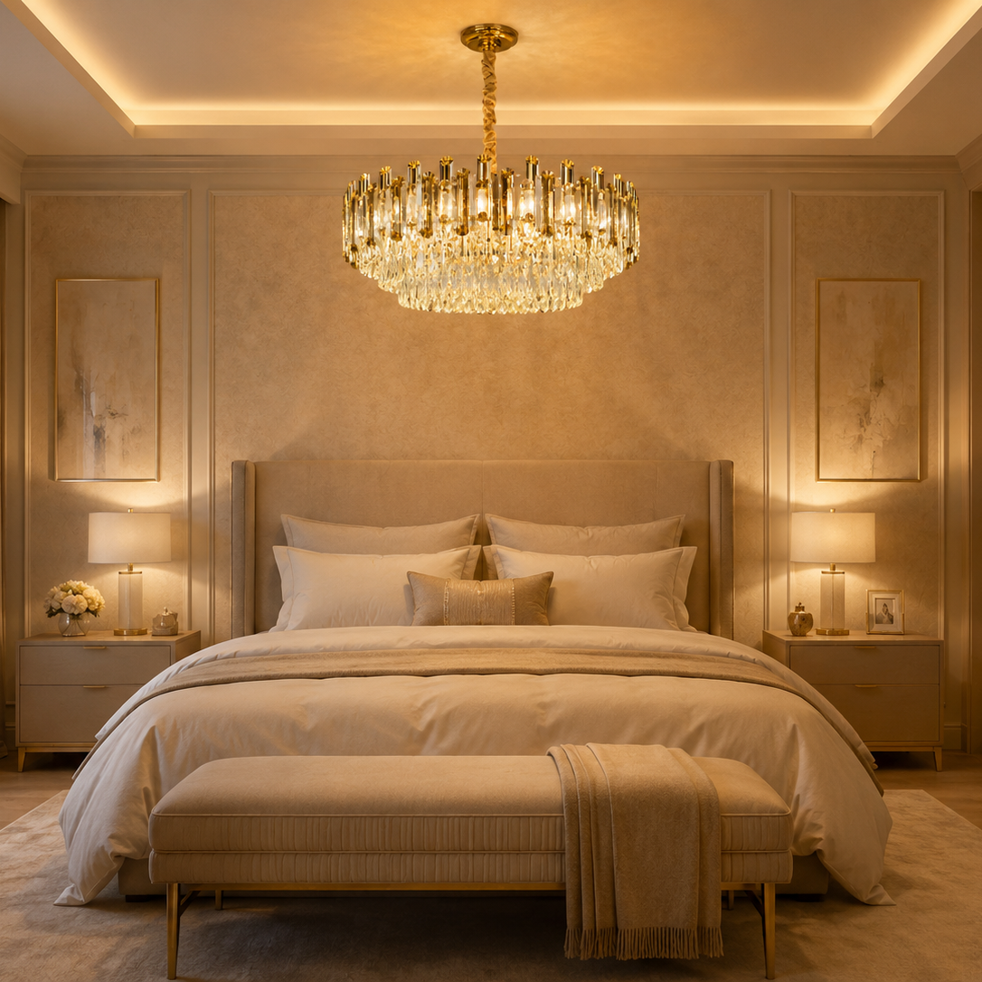 Round Crystal Chandelier Gold - Elegant Flush Mount Light