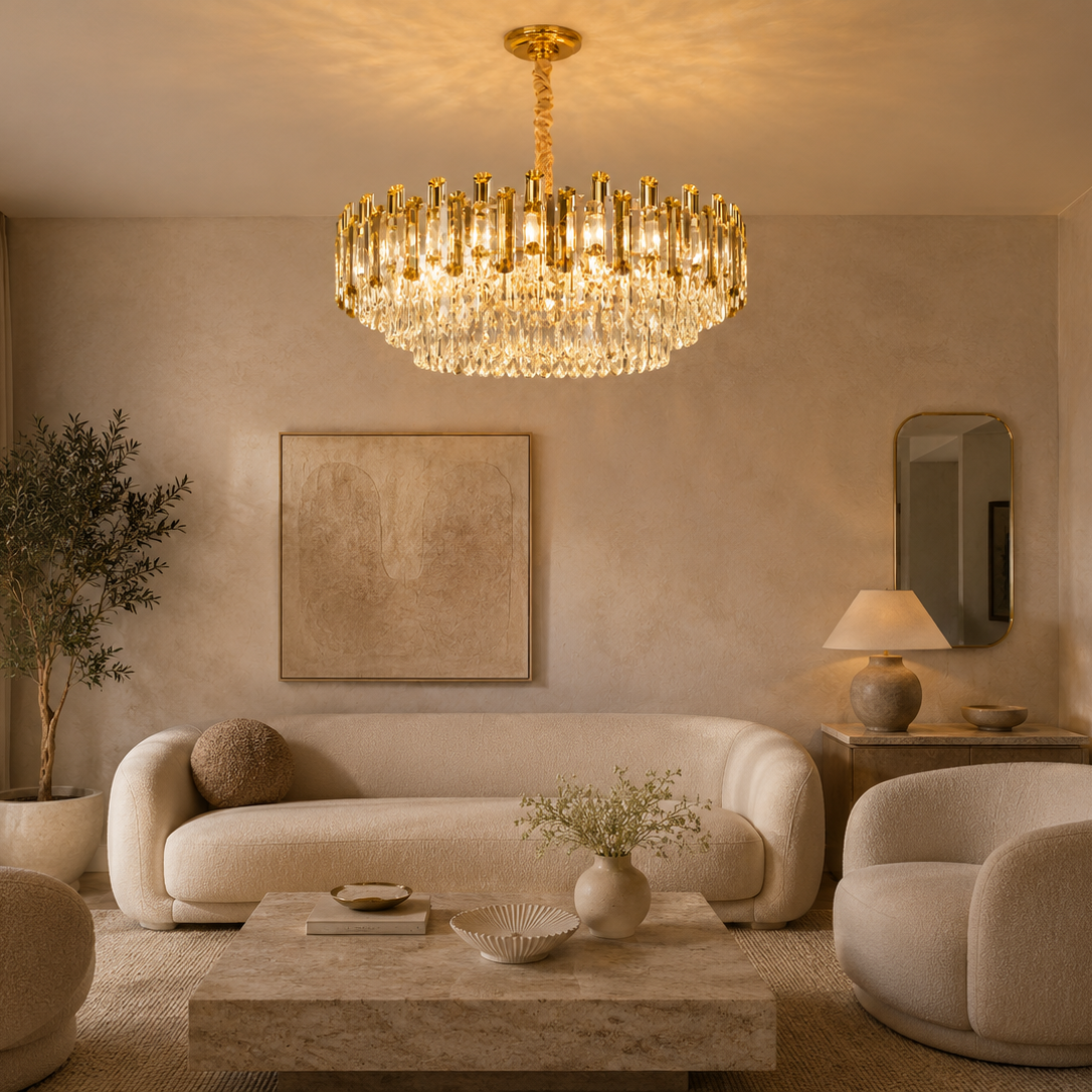Round Crystal Chandelier Gold - Elegant Flush Mount Light
