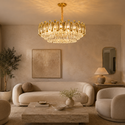 Round Crystal Chandelier Gold - Elegant Flush Mount Light