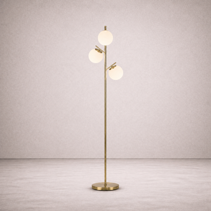Lampadaire 3 Globes en Verre Opalin et Métal Doré - Aurélo