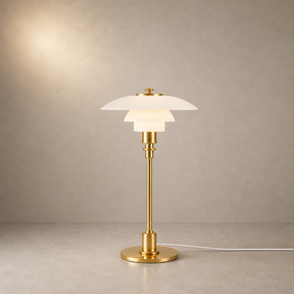 Lampe de table en métal chromé et abat-jour blanc à diffuseur superposé – Claréa