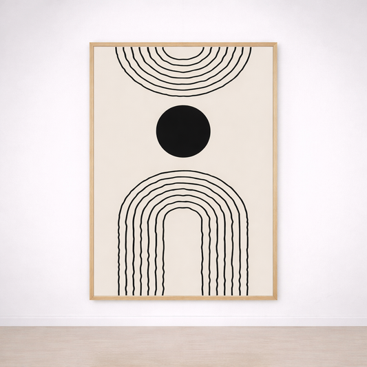 Tableau Arc Minimaliste – Lignes Noires & Point Central