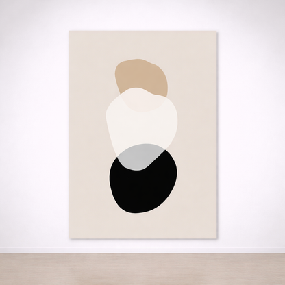 Tableau Abstrait Galets – Tons Neutres Beige, Blanc & Noir