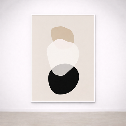 Tableau Abstrait Galets – Tons Neutres Beige, Blanc & Noir