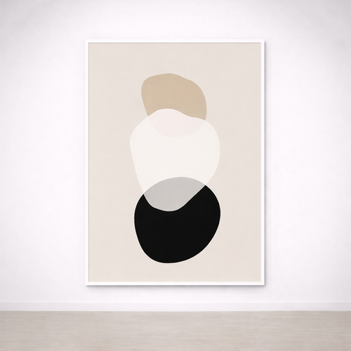 Tableau Abstrait Galets – Tons Neutres Beige, Blanc & Noir