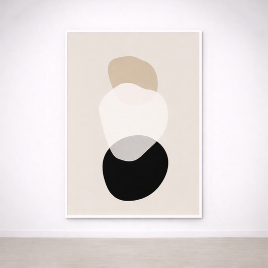 Tableau Abstrait Galets – Tons Neutres Beige, Blanc & Noir