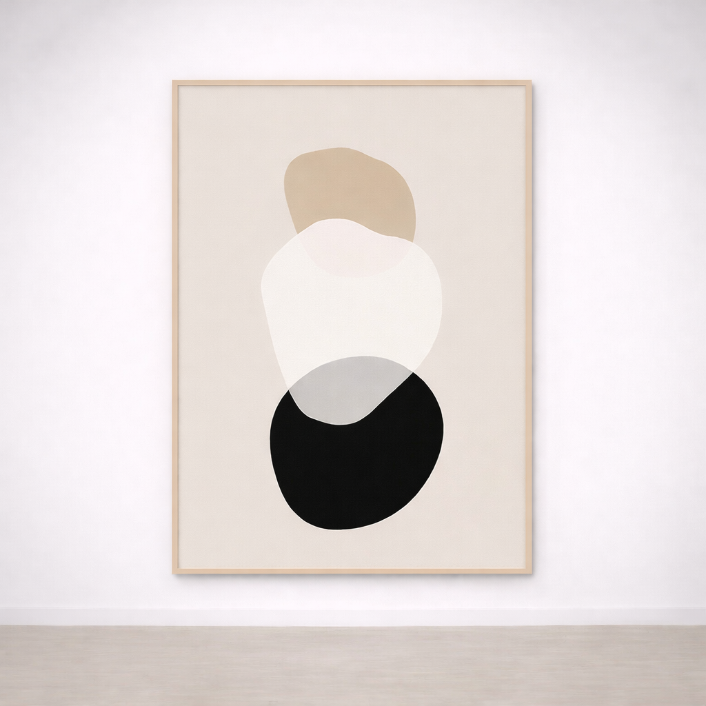 Tableau Abstrait Galets – Tons Neutres Beige, Blanc & Noir