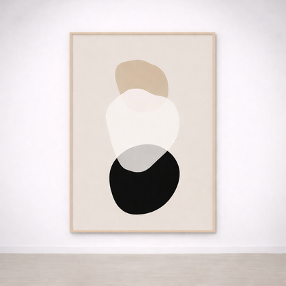 Tableau Abstrait Galets – Tons Neutres Beige, Blanc & Noir