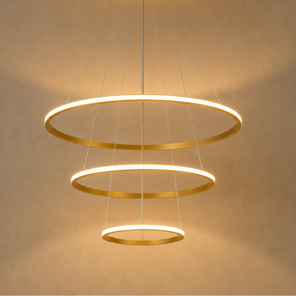LED Three Ring Chandelier Gold - Modern Circular Pendant