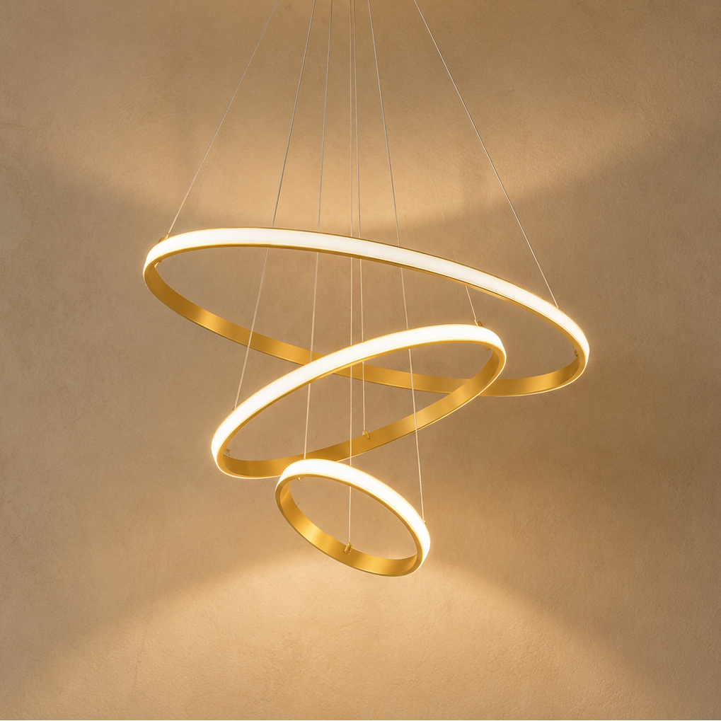 LED Three Ring Chandelier Gold - Modern Circular Pendant