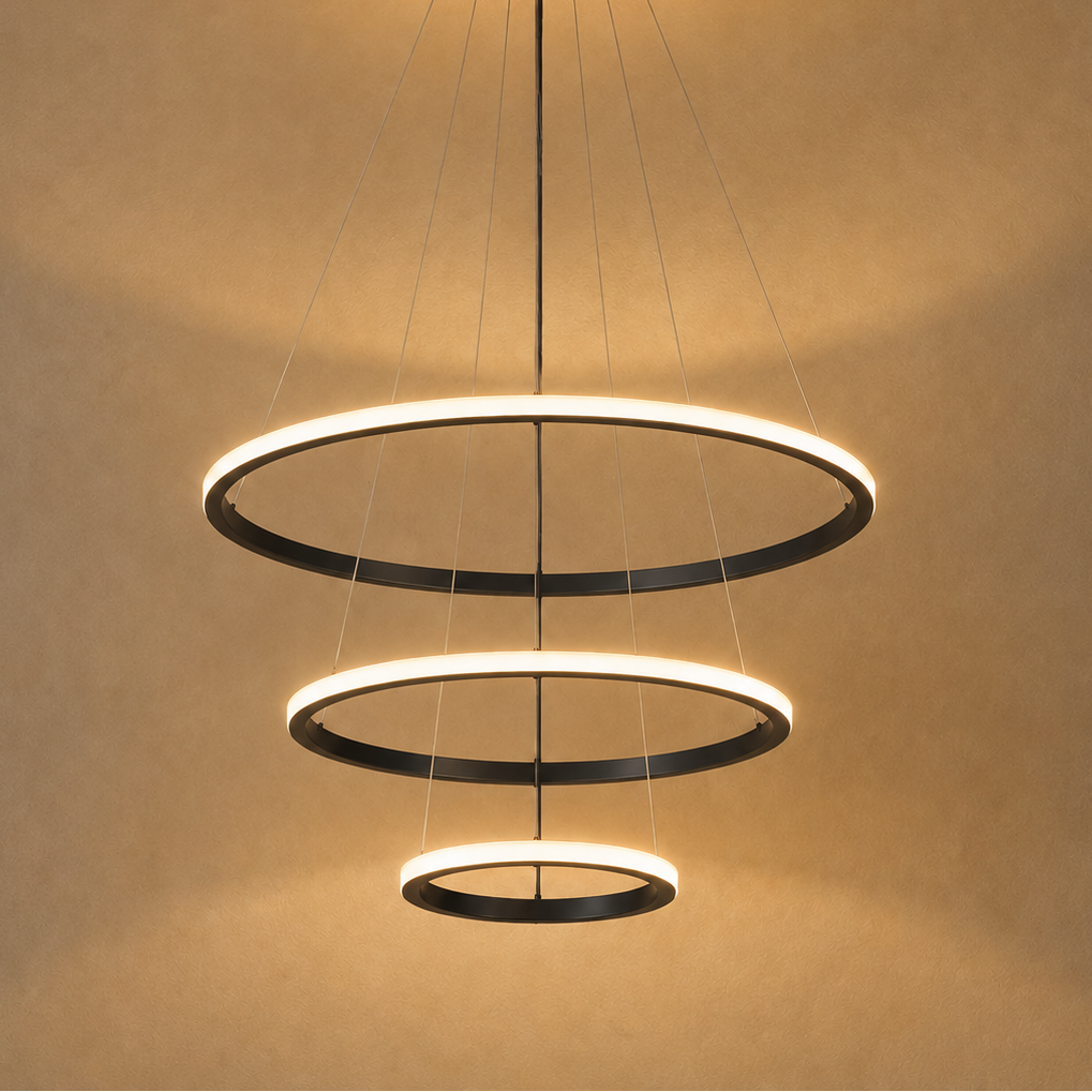 LED Three Ring Chandelier Gold - Modern Circular Pendant