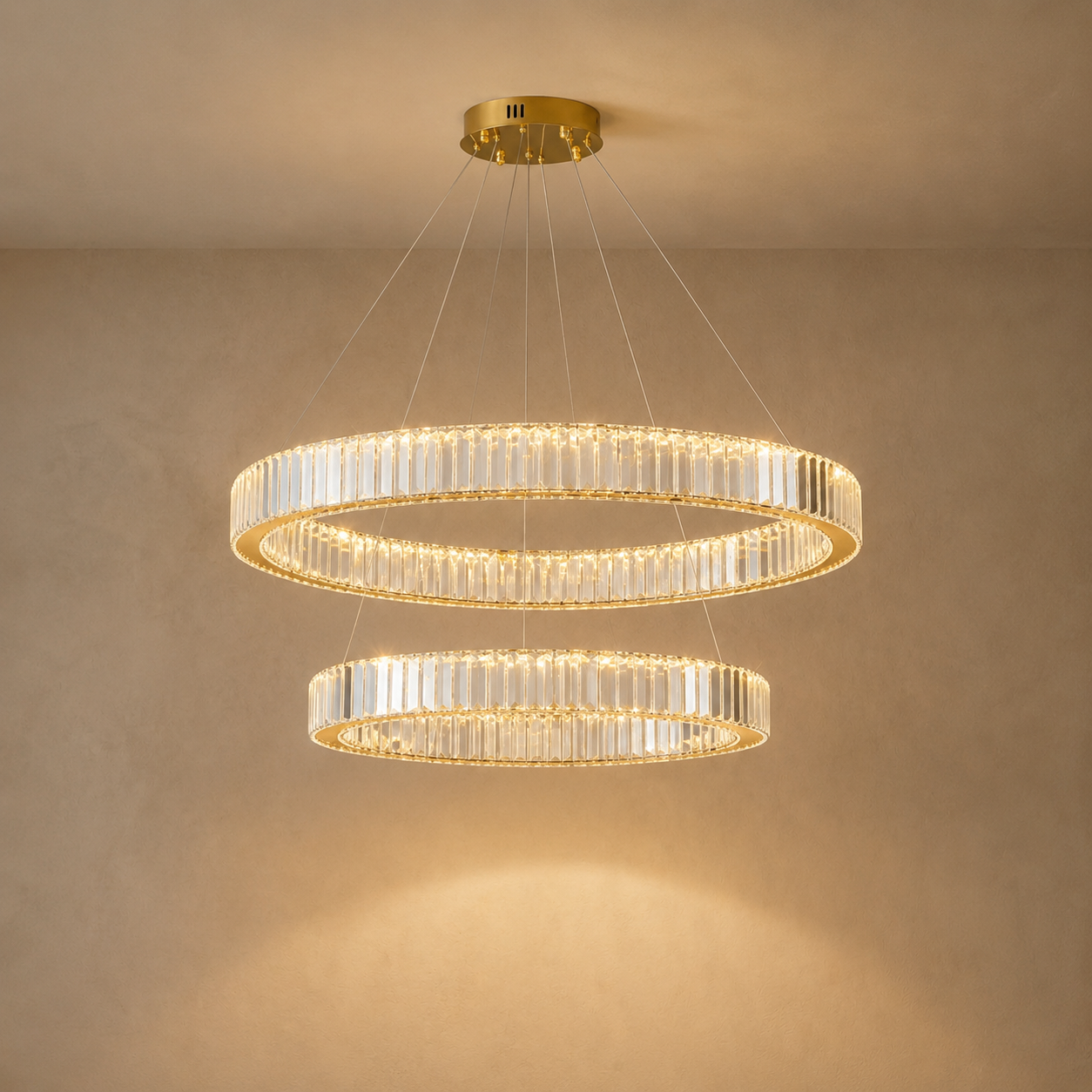 Double Ring Crystal Chandelier Gold - Modern Tiered Light